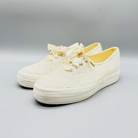 Keds Kate Spade New York Shoes Womens 8 Ivory Glitter Ribbon Bridal Sneakers - Picture 4 of 12